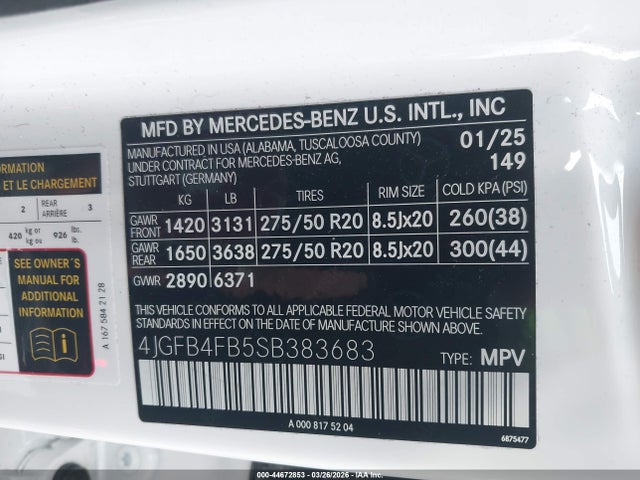 Aukcja sprzedaży 2025 Mercedes-benz Gle 350 4matic, vin: 4JGFB4FB5SB383683, numer aukcji: 44672853