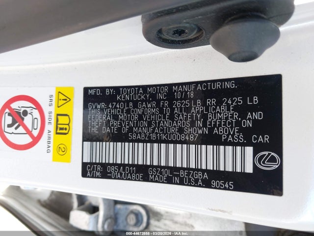 44672858 :رقم المزاد ، 58ABZ1B11KU008487 vin ، 2019 Lexus Es 350 مزاد بيع