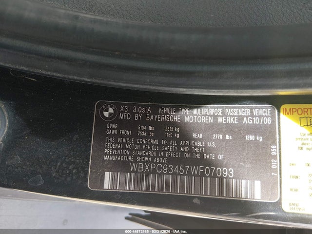 44672865 :رقم المزاد ، WBXPC93457WF07093 vin ، 2007 Bmw X3 3.0si مزاد بيع