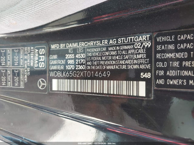 44672867 :رقم المزاد ، WDBLK65G2XT014649 vin ، 1999 Mercedes-benz Clk 320 مزاد بيع