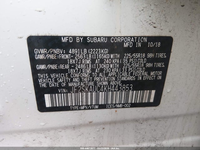 44672877 :رقم المزاد ، JF2SKAUC4KH443853 vin ، 2019 Subaru Forester Limited مزاد بيع