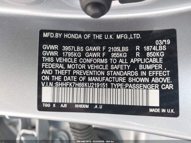 Продаж на аукціоні авто 2019 Honda Civic Ex, vin: SHHFK7H66KU219151, номер лоту: 44672878
