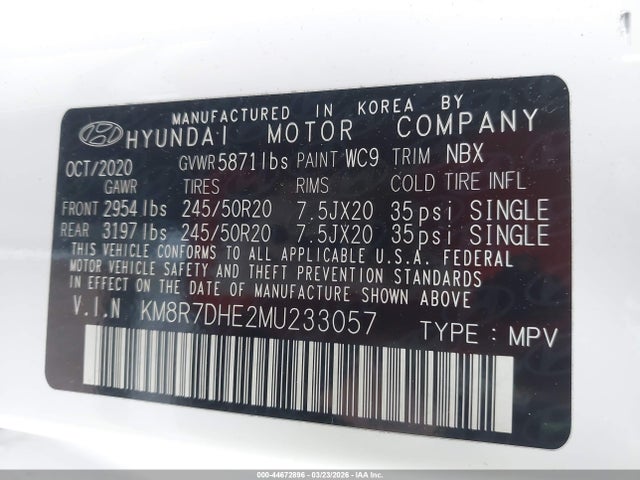 Продаж на аукціоні авто 2021 Hyundai Palisade Calligraphy, vin: KM8R7DHE2MU233057, номер лоту: 44672896