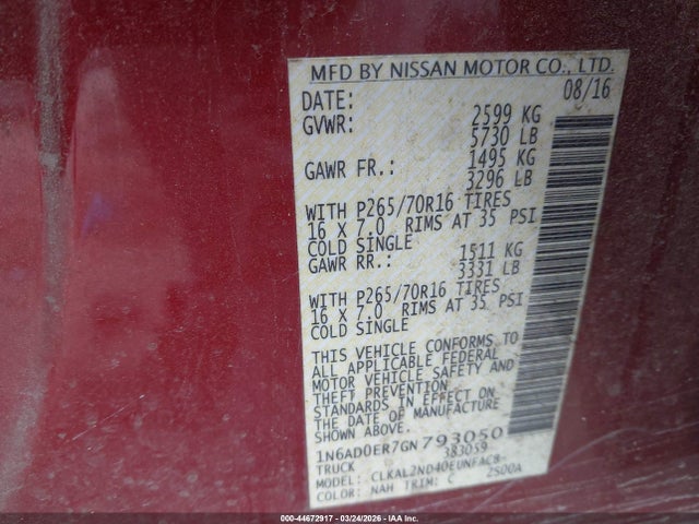 Aukcja sprzedaży 2016 Nissan Frontier Sv, vin: 1N6AD0ER7GN793050, numer aukcji: 44672917