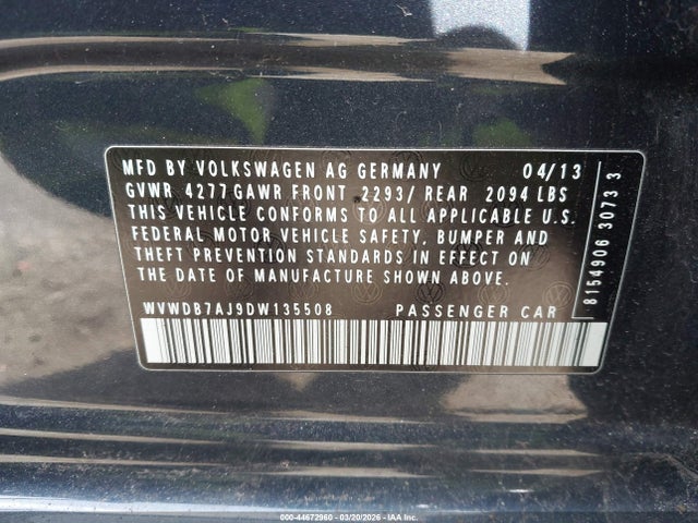 44672960 :رقم المزاد ، WVWDB7AJ9DW135508 vin ، 2013 Volkswagen Golf 2.5l 4-door مزاد بيع