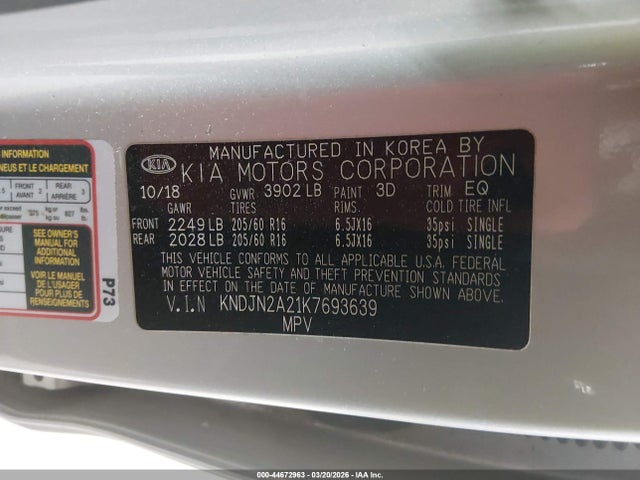 Aukcja sprzedaży 2019 Kia Soul, vin: KNDJN2A21K7693639, numer aukcji: 44672963