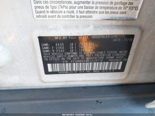 2011 Subaru Legacy 2.5i Premium მანქანა იყიდება აუქციონზე, vin: 4S3BMBB68B3229716, აუქციონის ნომერი: 44672974