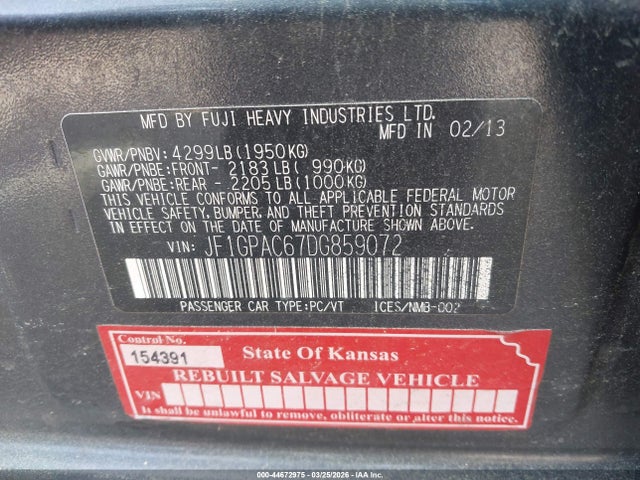 Продаж на аукціоні авто 2013 Subaru Impreza 2.0i Premium, vin: JF1GPAC67DG859072, номер лоту: 44672975