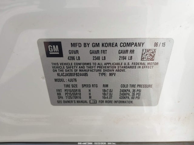 Продажа на аукционе авто 2015 Buick Encore, vin: KL4CJASBXFB244485, номер лота: 44672998