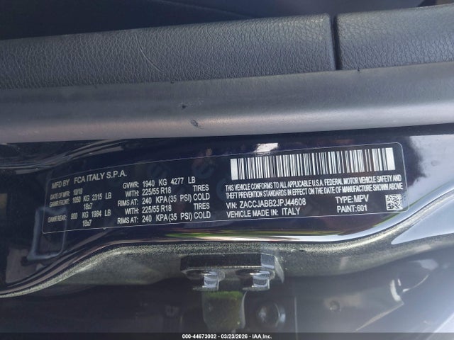 2018 Jeep Renegade Altitude Fwd მანქანა იყიდება აუქციონზე, vin: ZACCJABB2JPJ44608, აუქციონის ნომერი: 44673002