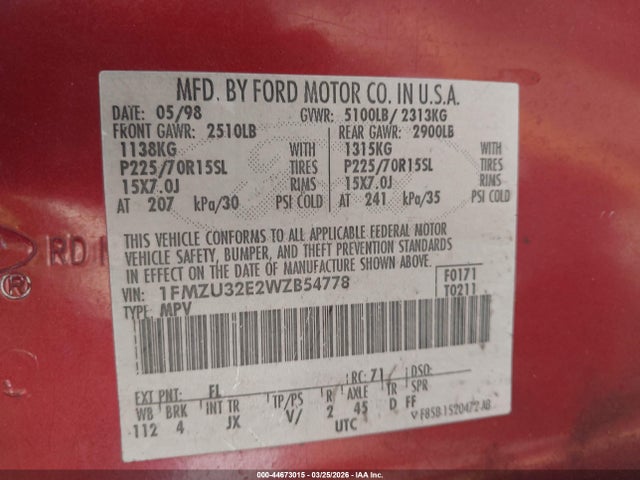 Продажа на аукционе авто 1998 Ford Explorer Eddie Bauer/limited/xl/xlt, vin: 1FMZU32E2WZB54778, номер лота: 44673015