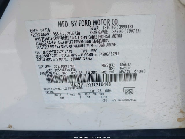 2018 Ford Ecosport Se მანქანა იყიდება აუქციონზე, vin: MAJ3P1TE2JC210448, აუქციონის ნომერი: 44673024