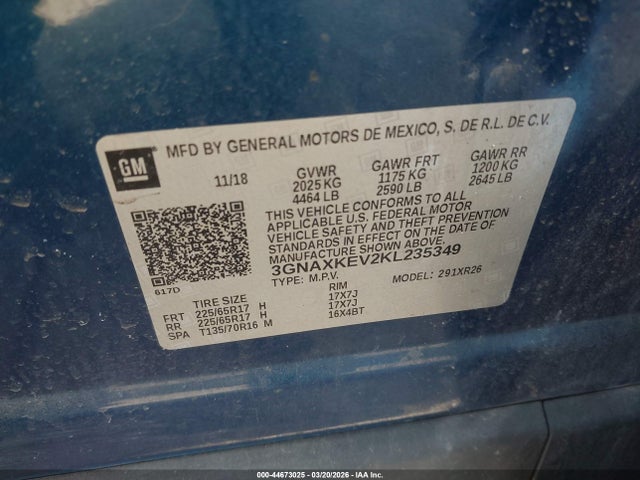 Продажа на аукционе авто 2019 Chevrolet Equinox Lt, vin: 3GNAXKEV2KL235349, номер лота: 44673025