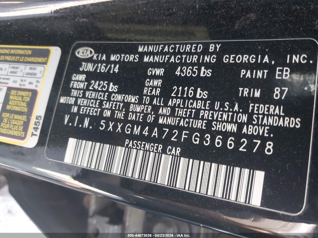 44673026 :رقم المزاد ، 5XXGM4A72FG366278 vin ، 2015 Kia Optima Lx مزاد بيع