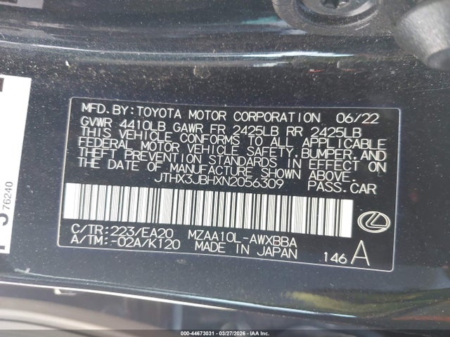 44673031 :رقم المزاد ، JTHX3JBHXN2056309 vin ، 2022 Lexus Ux 200 Base/200 F Sport/200 Luxury مزاد بيع