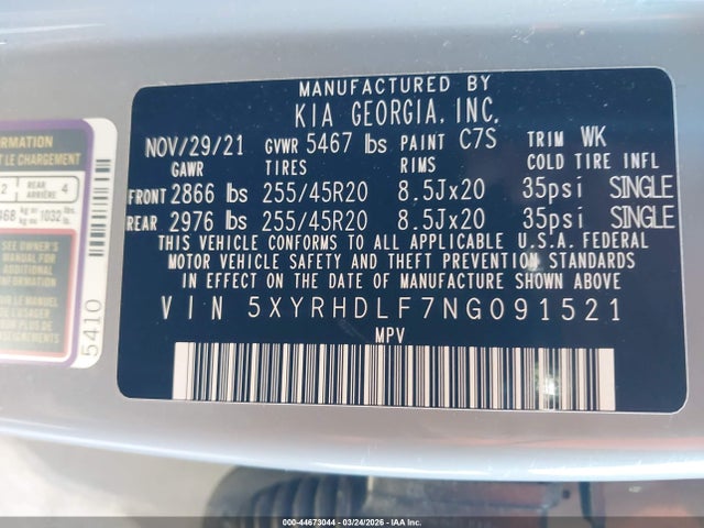Aukcja sprzedaży 2022 Kia Sorento X-line Ex, vin: 5XYRHDLF7NG091521, numer aukcji: 44673044