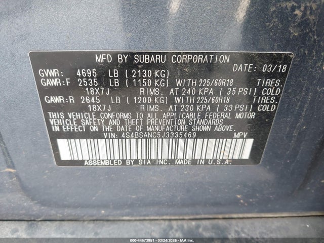 2018 Subaru Outback 2.5i Limited მანქანა იყიდება აუქციონზე, vin: 4S4BSANC5J3335469, აუქციონის ნომერი: 44673051
