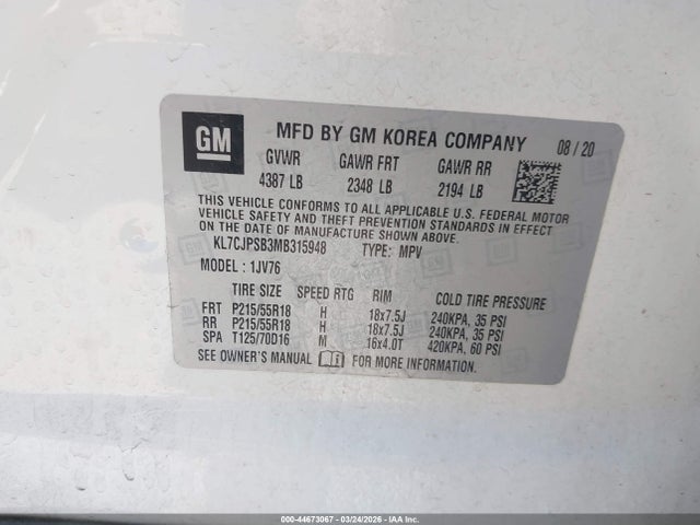44673067 :رقم المزاد ، KL7CJPSB3MB315948 vin ، 2021 Chevrolet Trax Awd Lt مزاد بيع