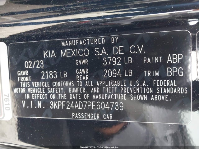2023 Kia Forte Lxs მანქანა იყიდება აუქციონზე, vin: 3KPF24AD7PE604739, აუქციონის ნომერი: 44673076