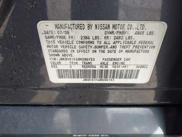 Aukcja sprzedaży 2008 Infiniti G35x, vin: JNKBV61F48M280153, numer aukcji: 44673101