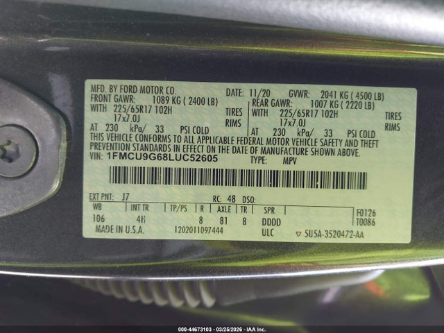 44673103 :رقم المزاد ، 1FMCU9G68LUC52605 vin ، 2020 Ford Escape Se مزاد بيع