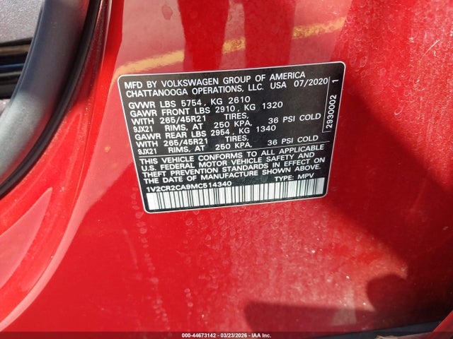 44673142 :رقم المزاد ، 1V2CR2CA9MC514340 vin ، 2021 Volkswagen Atlas 3.6l V6 Sel R-line مزاد بيع
