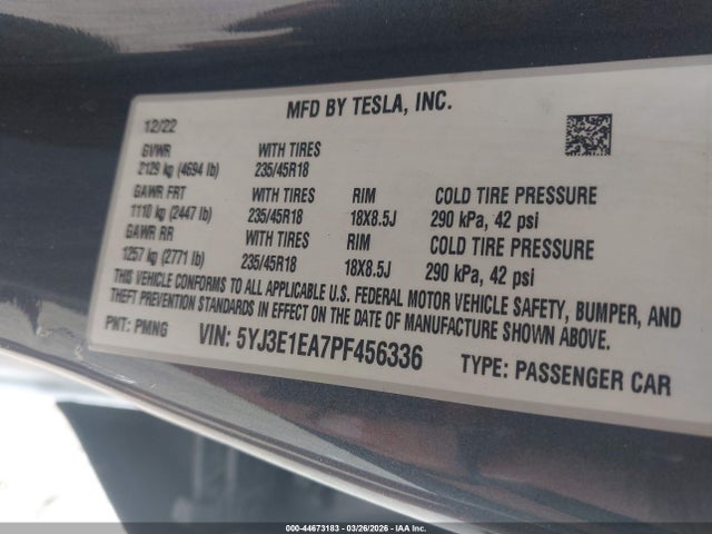 Продажа на аукционе авто 2023 Tesla Model 3 Rear-wheel Drive, vin: 5YJ3E1EA7PF456336, номер лота: 44673183