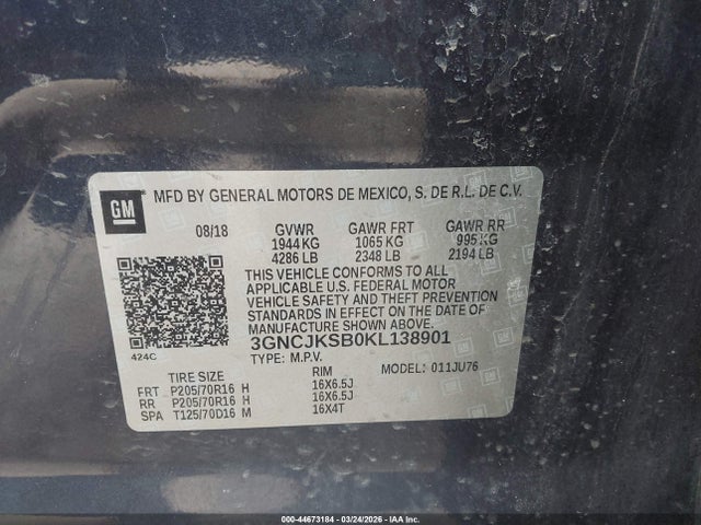 Продаж на аукціоні авто 2019 Chevrolet Trax Ls, vin: 3GNCJKSB0KL138901, номер лоту: 44673184