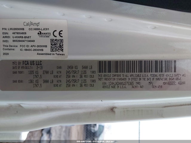44673190 :رقم المزاد ، 1C4HJXDNXKW575365 vin ، 2019 Jeep Wrangler Unlimited Sport S 4x4 مزاد بيع