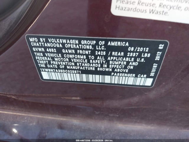 Aukcja sprzedaży 2013 Volkswagen Passat 2.0l Tdi Se, vin: 1VWBN7A35DC025571, numer aukcji: 44673206