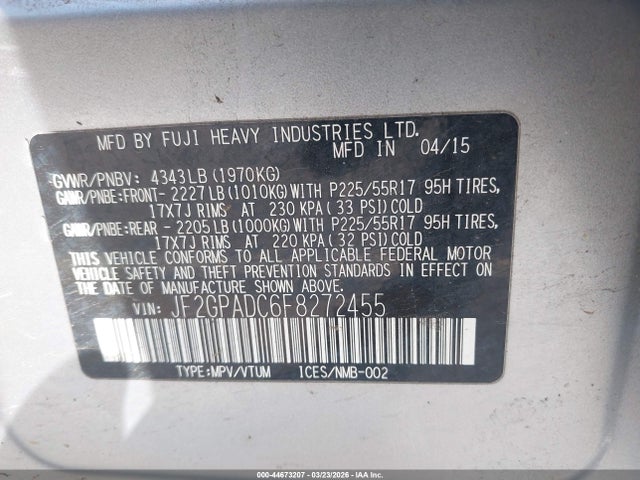 2015 Subaru Xv Crosstrek 2.0i Premium მანქანა იყიდება აუქციონზე, vin: JF2GPADC6F8272455, აუქციონის ნომერი: 44673207