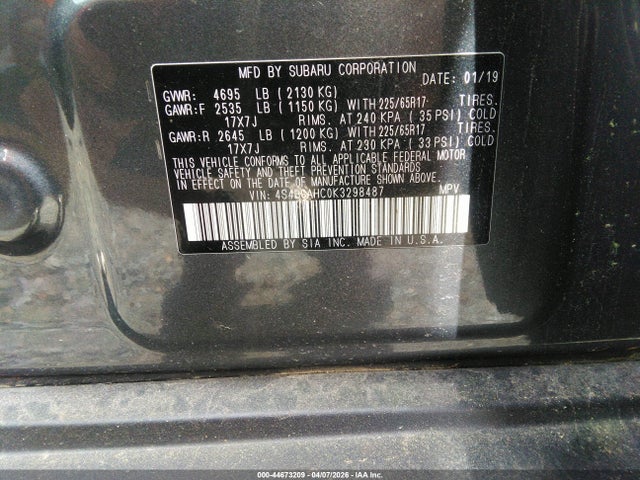 Продажа на аукционе авто 2019 Subaru Outback 2.5i Premium, vin: 4S4BSAHC0K3298487, номер лота: 44673209