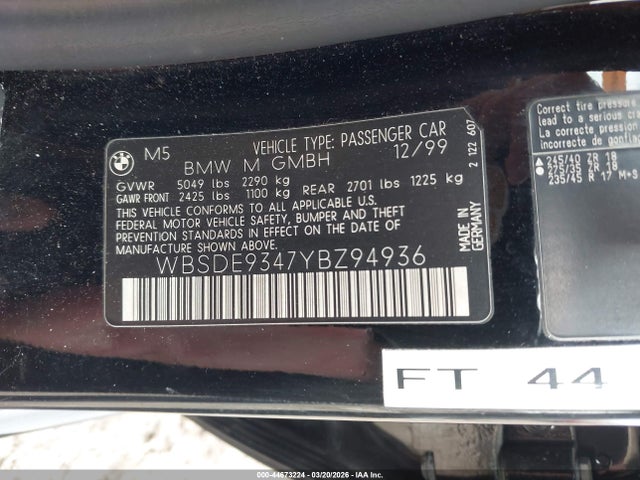 44673224 :رقم المزاد ، WBSDE9347YBZ94936 vin ، 2000 Bmw M5 مزاد بيع
