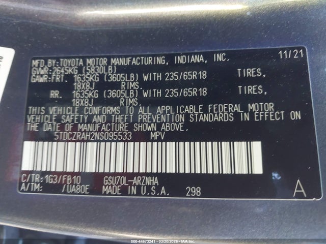 5TDCZRAH2NS095533 Toyota Highlander L