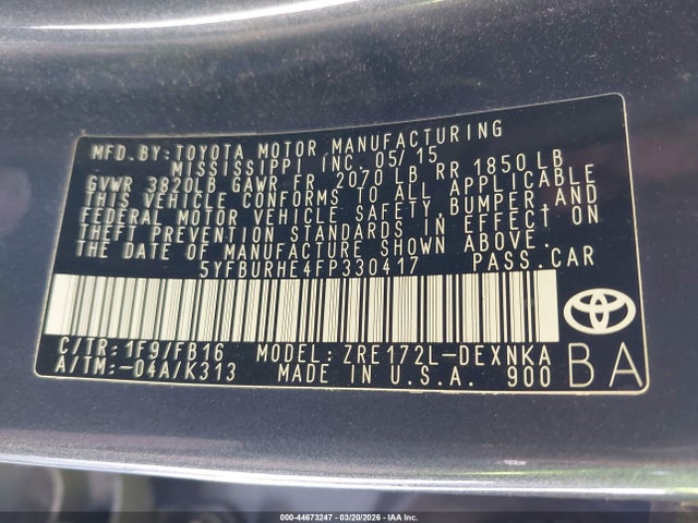 Toyota Corolla Le Plus 2015 5YFBURHE4FP330417 Image 9