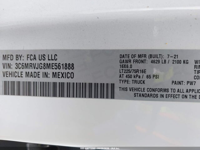 Продажа на аукционе авто 2021 Ram Promaster 3500 Cargo Van High Roof 159 Wb Ext, vin: 3C6MRVJG8ME561888, номер лота: 44673265