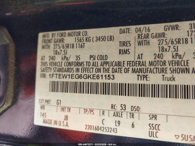 1FTEW1EG6GKE61153 Ford F-150 Xlt