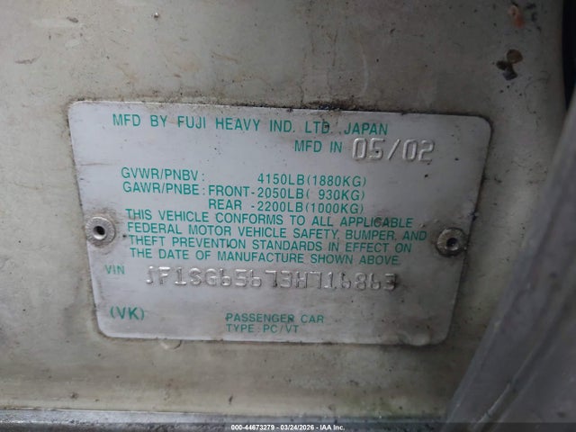 Aukcja sprzedaży 2003 Subaru Forester Xs, vin: JF1SG65673H716863, numer aukcji: 44673279