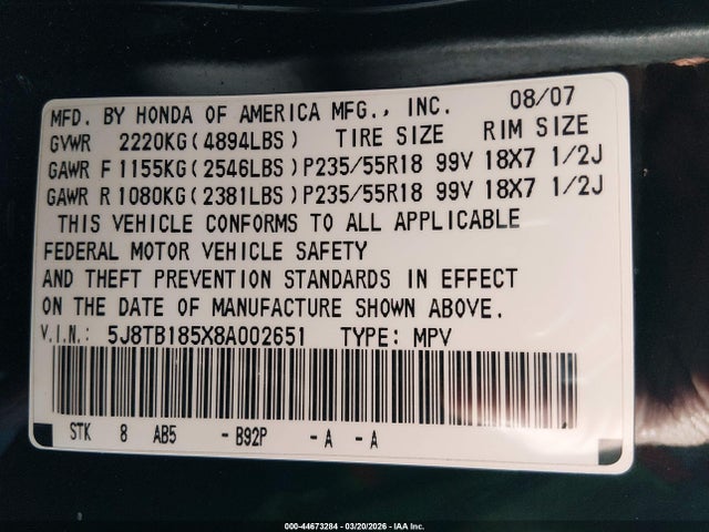 Продаж на аукціоні авто 2008 Acura Rdx, vin: 5J8TB185X8A002651, номер лоту: 44673284