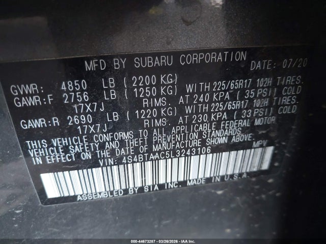2020 SUBARU OUTBACK 4S4BTAAC5L3243106 Photo 8