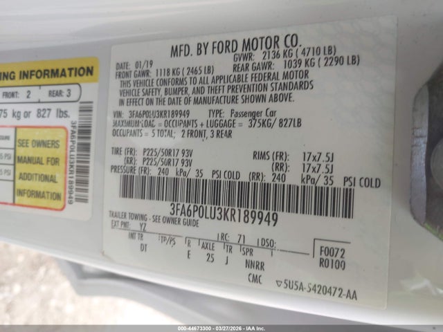 Продаж на аукціоні авто 2019 Ford Fusion Hybrid Se, vin: 3FA6P0LU3KR189949, номер лоту: 44673300