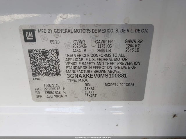 2021 Chevrolet Equinox Fwd Lt მანქანა იყიდება აუქციონზე, vin: 3GNAXKEV0MS100881, აუქციონის ნომერი: 44673318