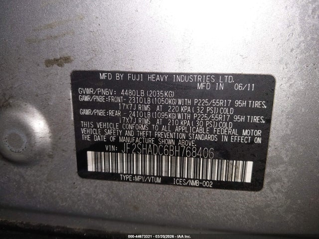Aukcja sprzedaży 2011 Subaru Forester 2.5x Premium, vin: JF2SHADC6BH768406, numer aukcji: 44673321