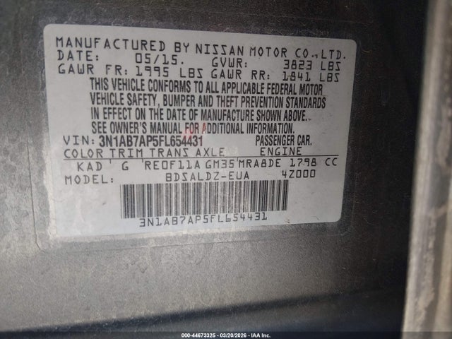 3N1AB7AP5FL654431 Nissan Sentra Fe+ S/s/sl/sr/sv