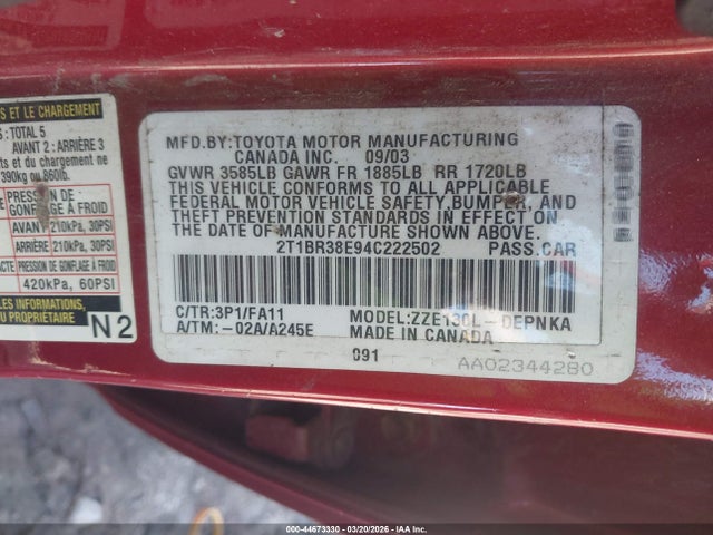 2004 TOYOTA COROLLA 2T1BR38E94C222502 Photo 8