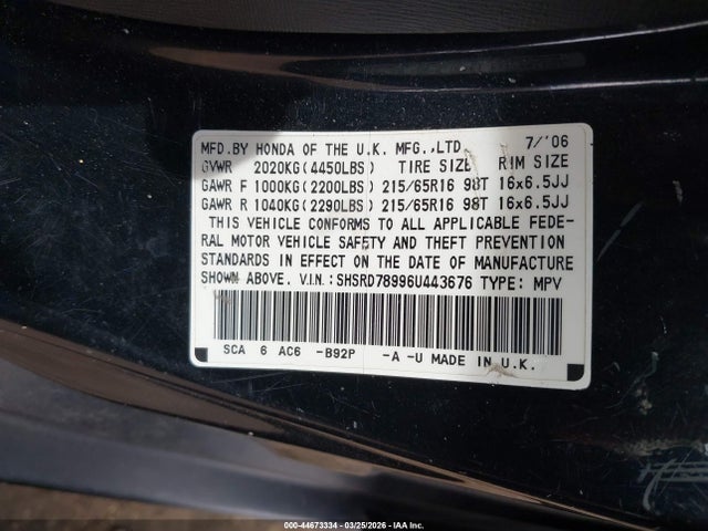 2006 HONDA CR-V SHSRD78996U443676 Photo 8