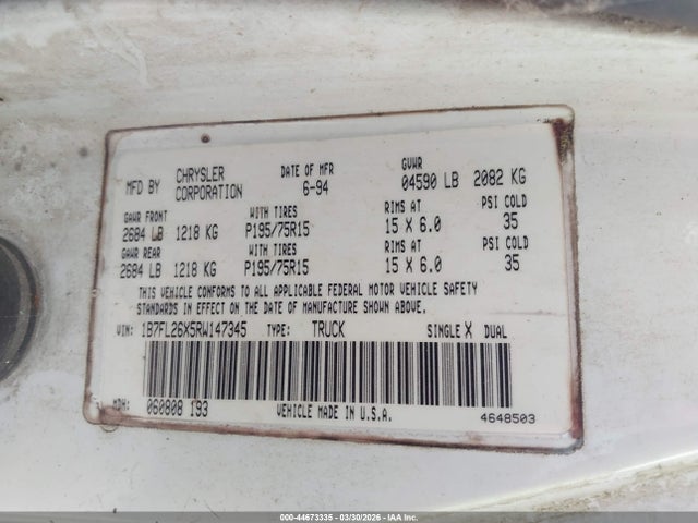 44673335 :رقم المزاد ، 1B7FL26X5RW147345 vin ، 1994 Dodge Dakota مزاد بيع