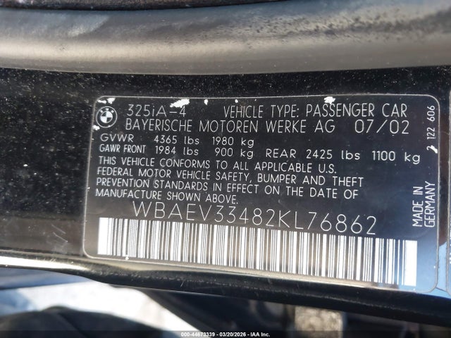 44673339 :رقم المزاد ، WBAEV33482KL76862 vin ، 2002 Bmw 325i مزاد بيع