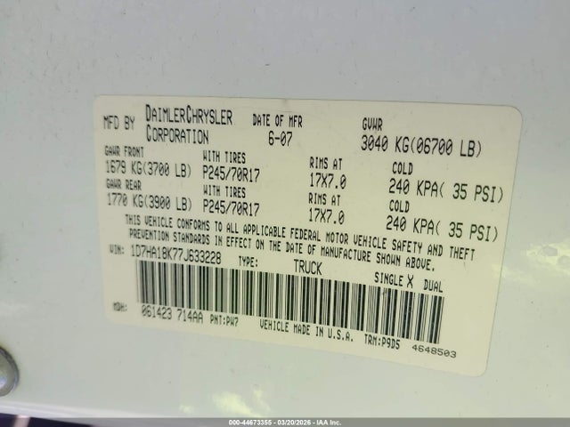 Продажа на аукционе авто 2007 Dodge Ram 1500 St, vin: 1D7HA18K77J633228, номер лота: 44673355