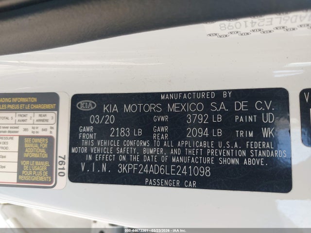 Aukcja sprzedaży 2020 Kia Forte Lxs, vin: 3KPF24AD6LE241098, numer aukcji: 44673361